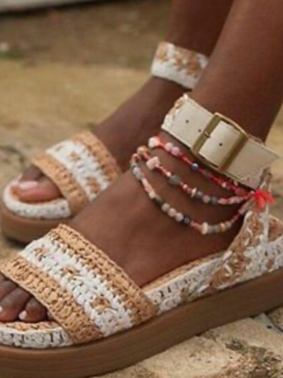 New Free People White And Tan Woven Platform Ankle-Strap Sandals Size 7